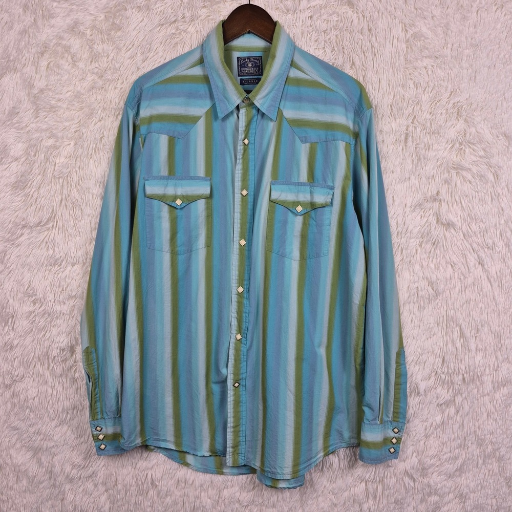 Lucky Brand Mens Blue Green Striped Western Pearl Snap Shirt XL Y2K